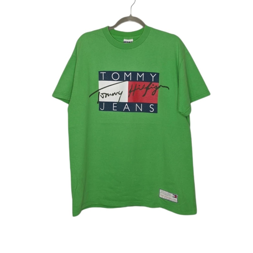 Vintage Tommy Hilfiger 90s Streetwear Logo Spellout Shirt Top Green